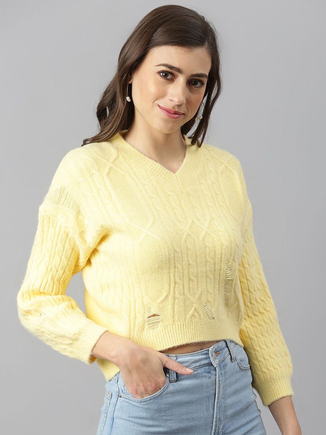 

Xpose Women Cable Knit V-Neck Pullover Ribbed Sweater, Yellow