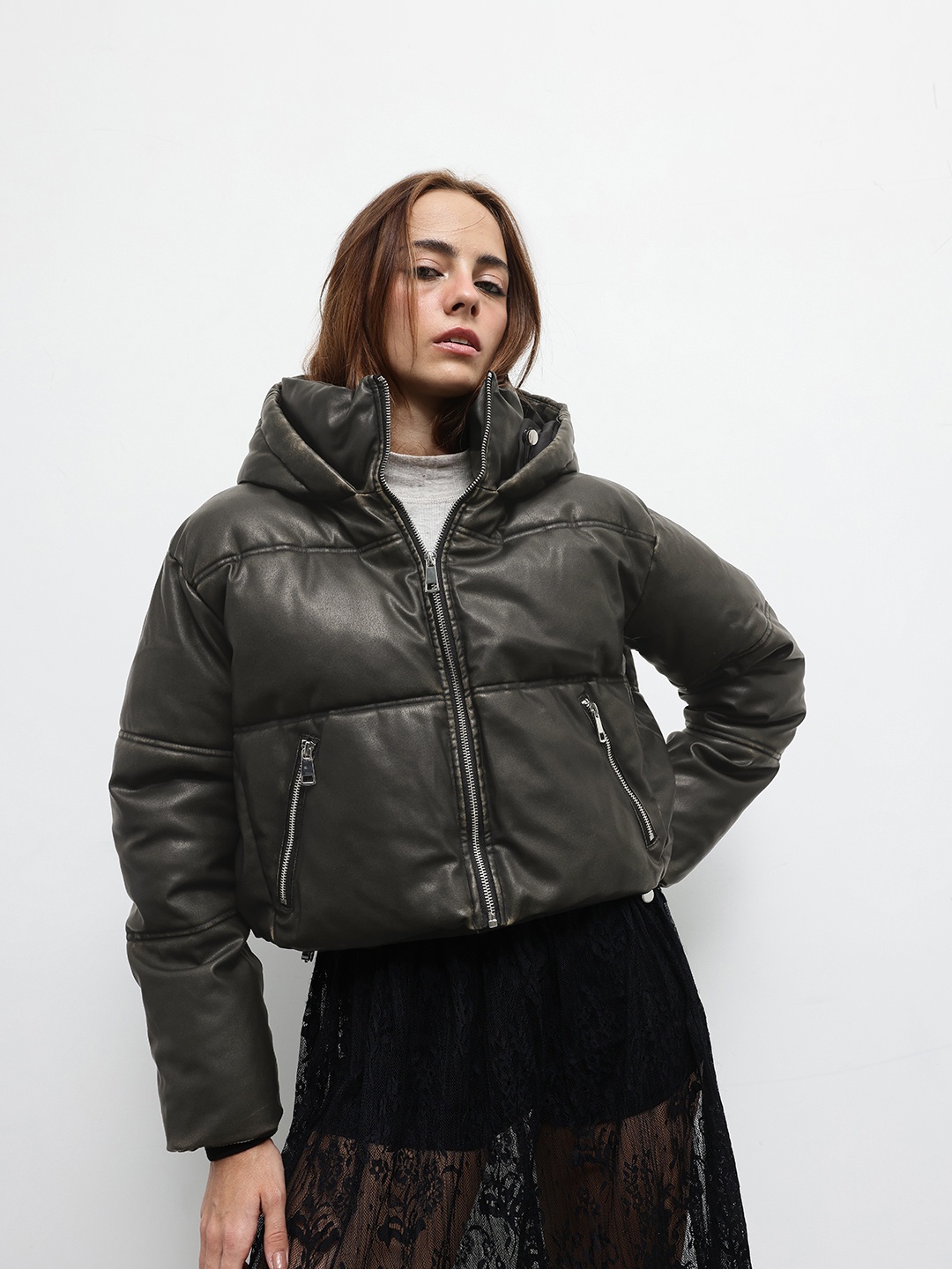 

ZARA Faux Leather Hooded Padded Jacket, Black