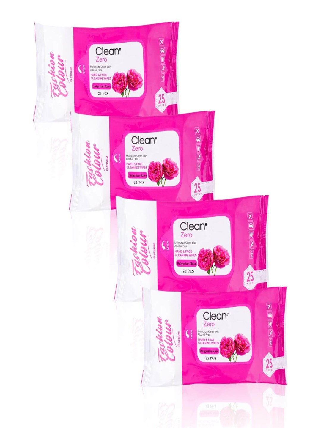 

Fashion Colour Set of 4 Platinum Clean It Zero Bulgarian Rose Cleaning Wipes - 25 Pcs Each, Pink