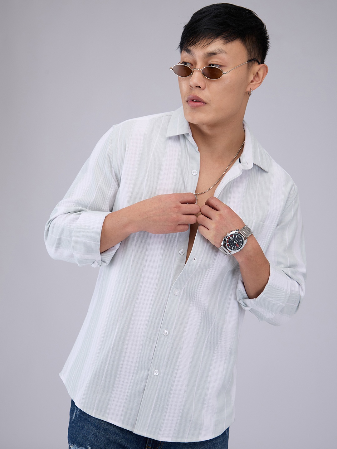 

VASTRADO Men Classic Cutaway Collar Vertical Striped Cotton Slim Fit Casual Shirt, White