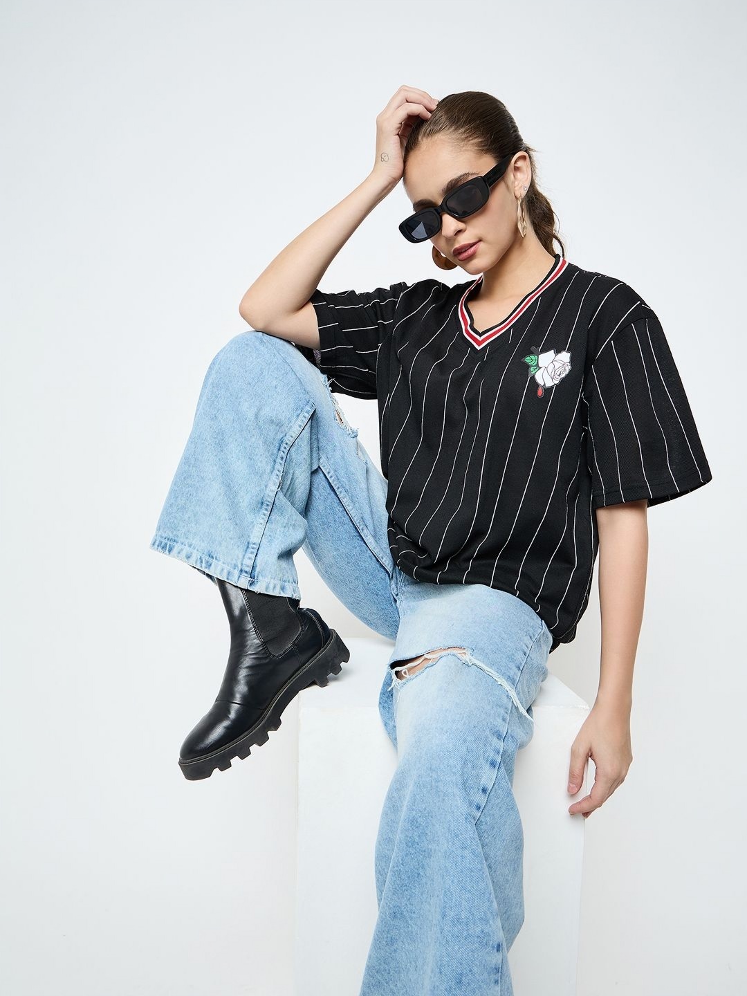 

Skidlers Women Striped V-Neck Cotton Oversized T-shirt, Black