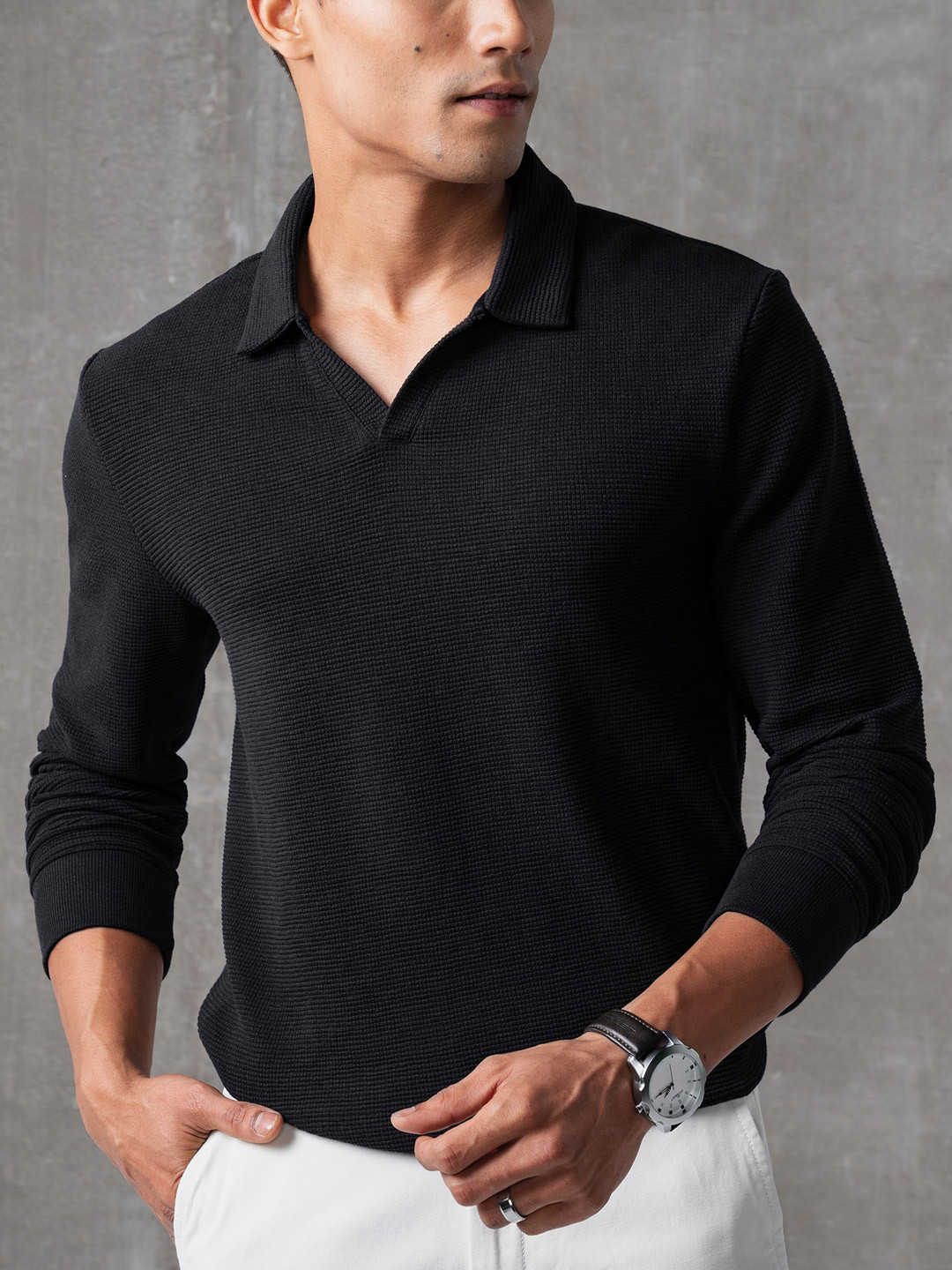 

DAMENSCH Statement Waffle Texture Premium Johnny Collar Full Sleeve Polo T Shirt, Black