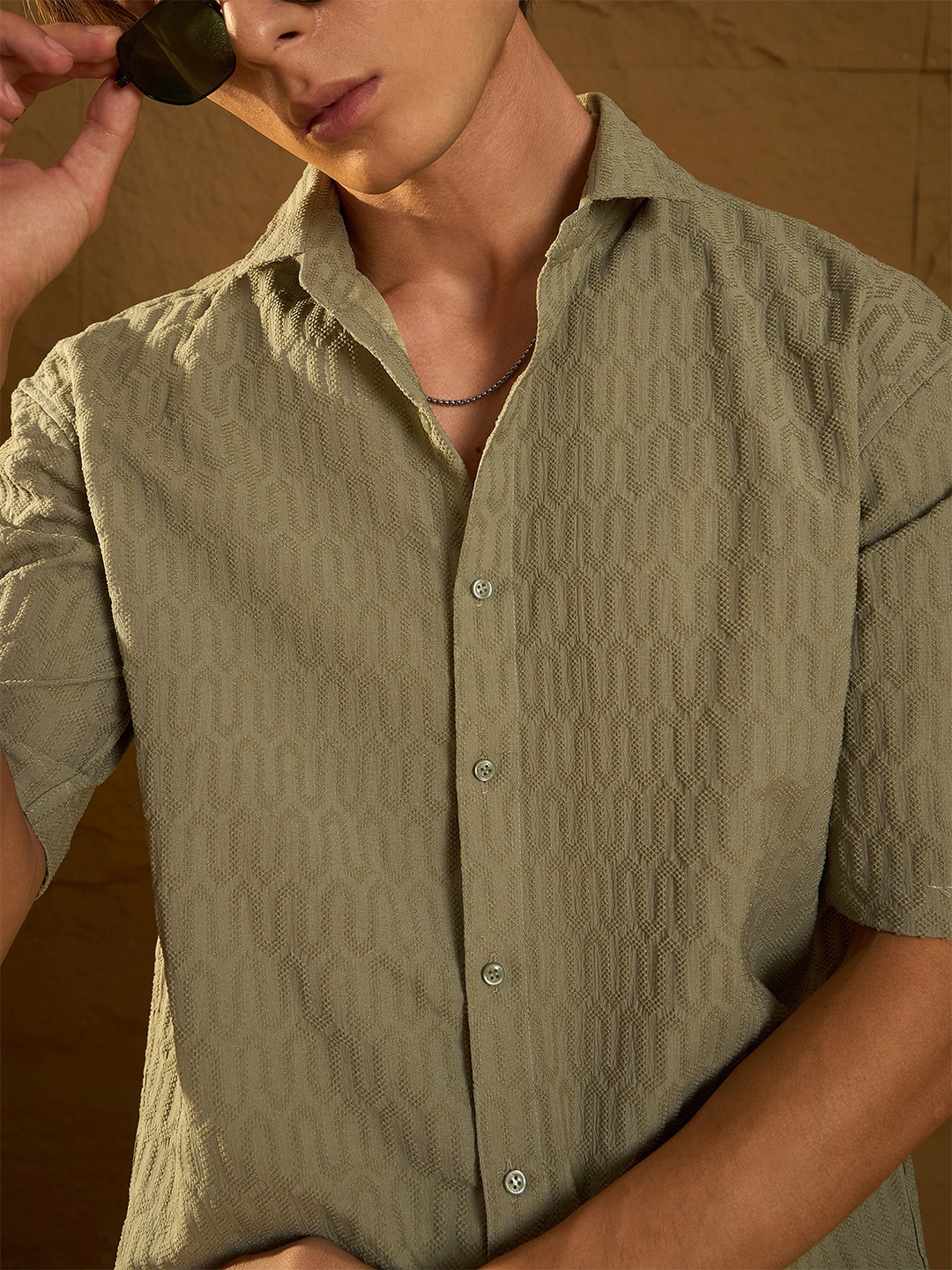 

Dennison Men Drop Shoulder Oversized Textured Shirt, Olive