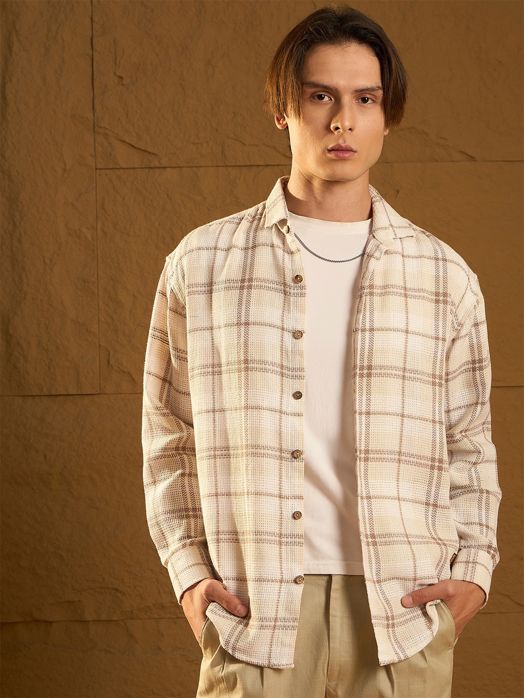DENNISON Drop Shoulder Oversized Checked Shirt, Brown