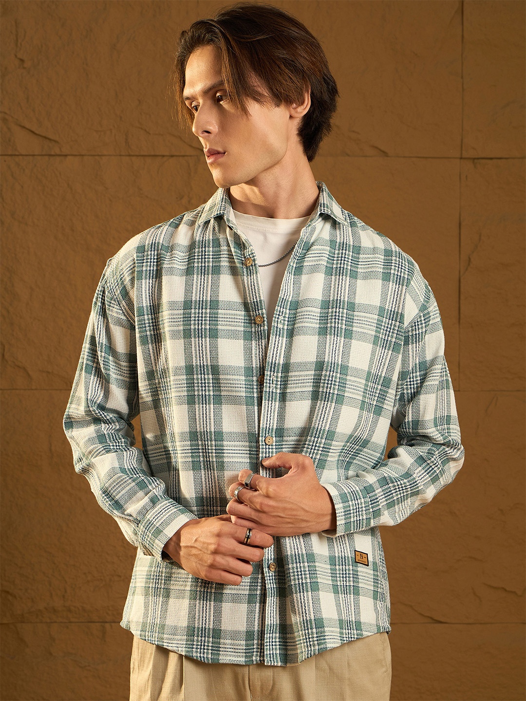 

DENNISON Men Checked Oversized Cotton Shirt, Cream