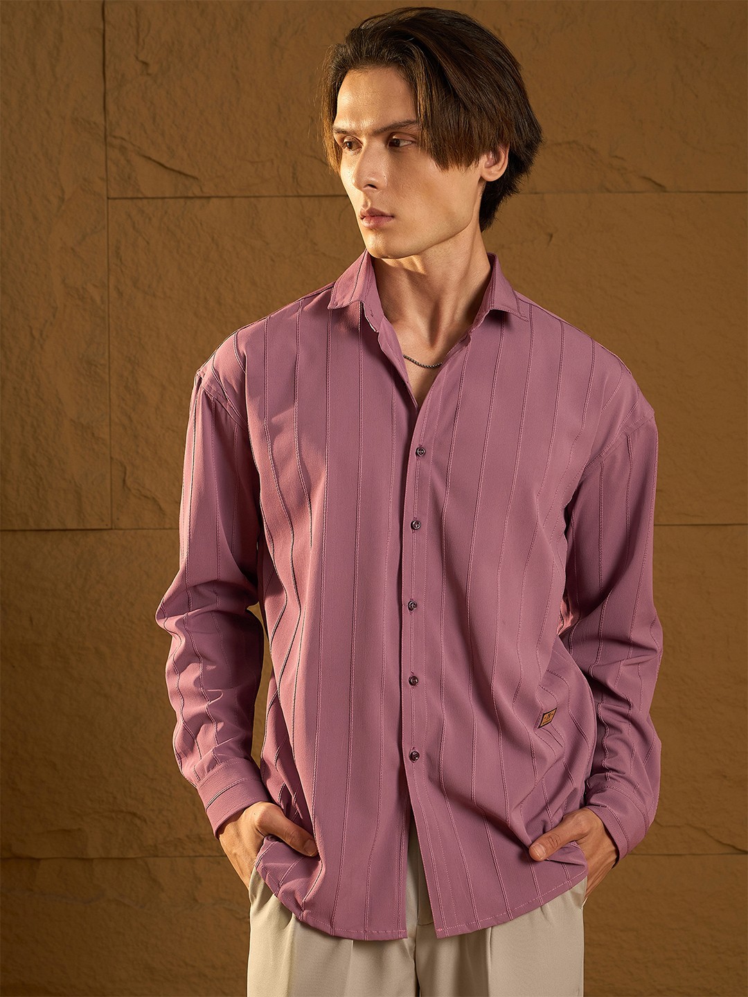 

Dennison Men Drop Shoulder Oversized Pintuck Shirt, Mauve