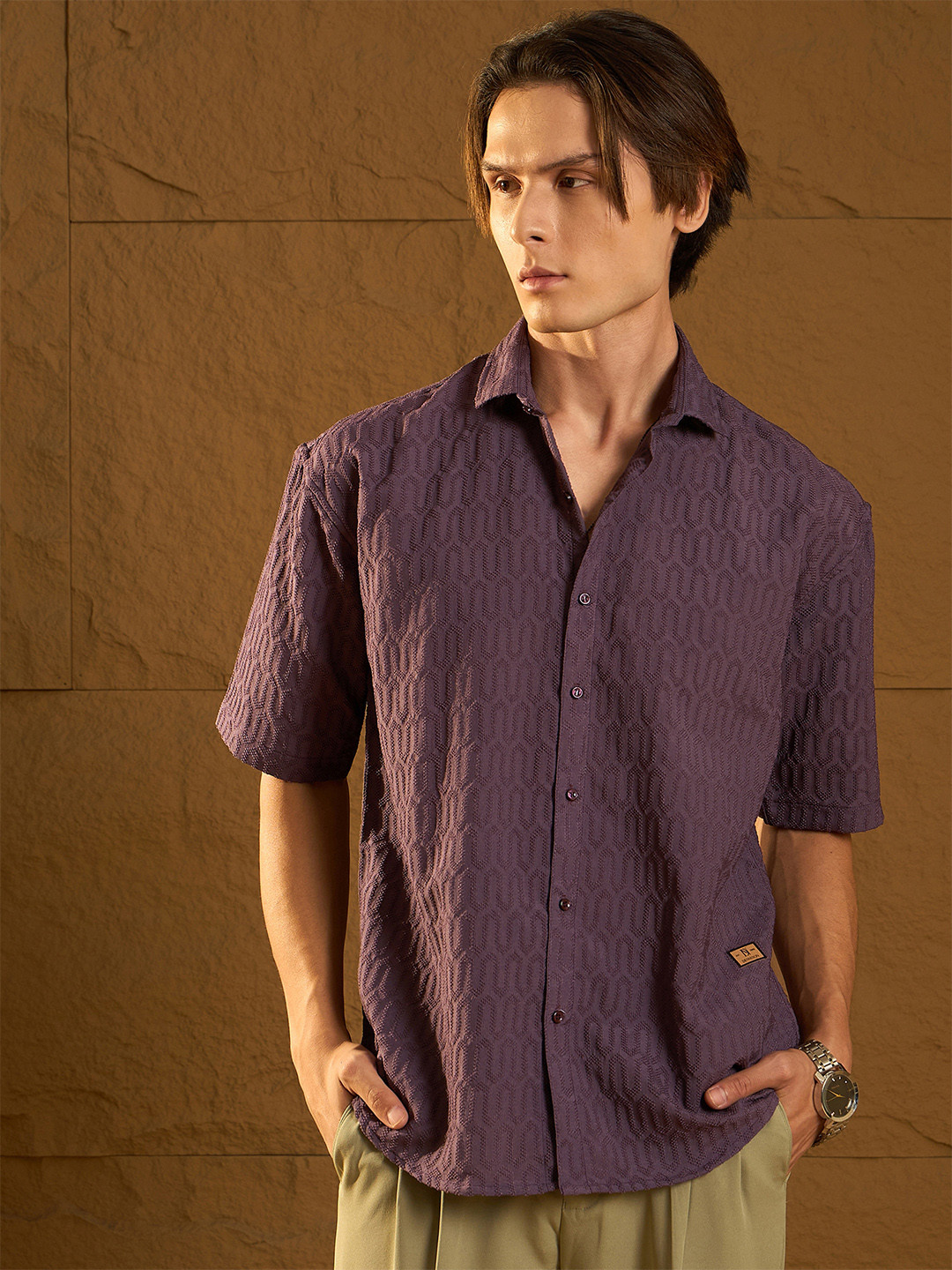 

DENNISON Drop Shoulder Oversized Textured Shirt, Purple