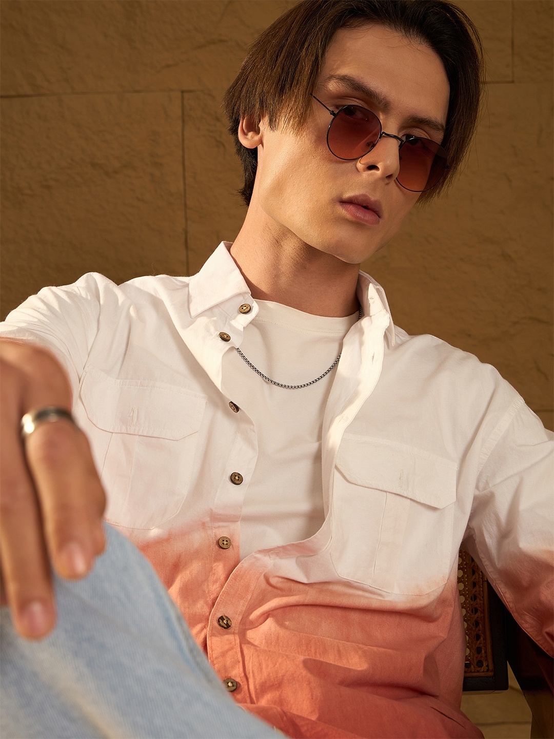 

DENNISON Men Double Pocket Oversized Ombre Dyed Shirt, Cream