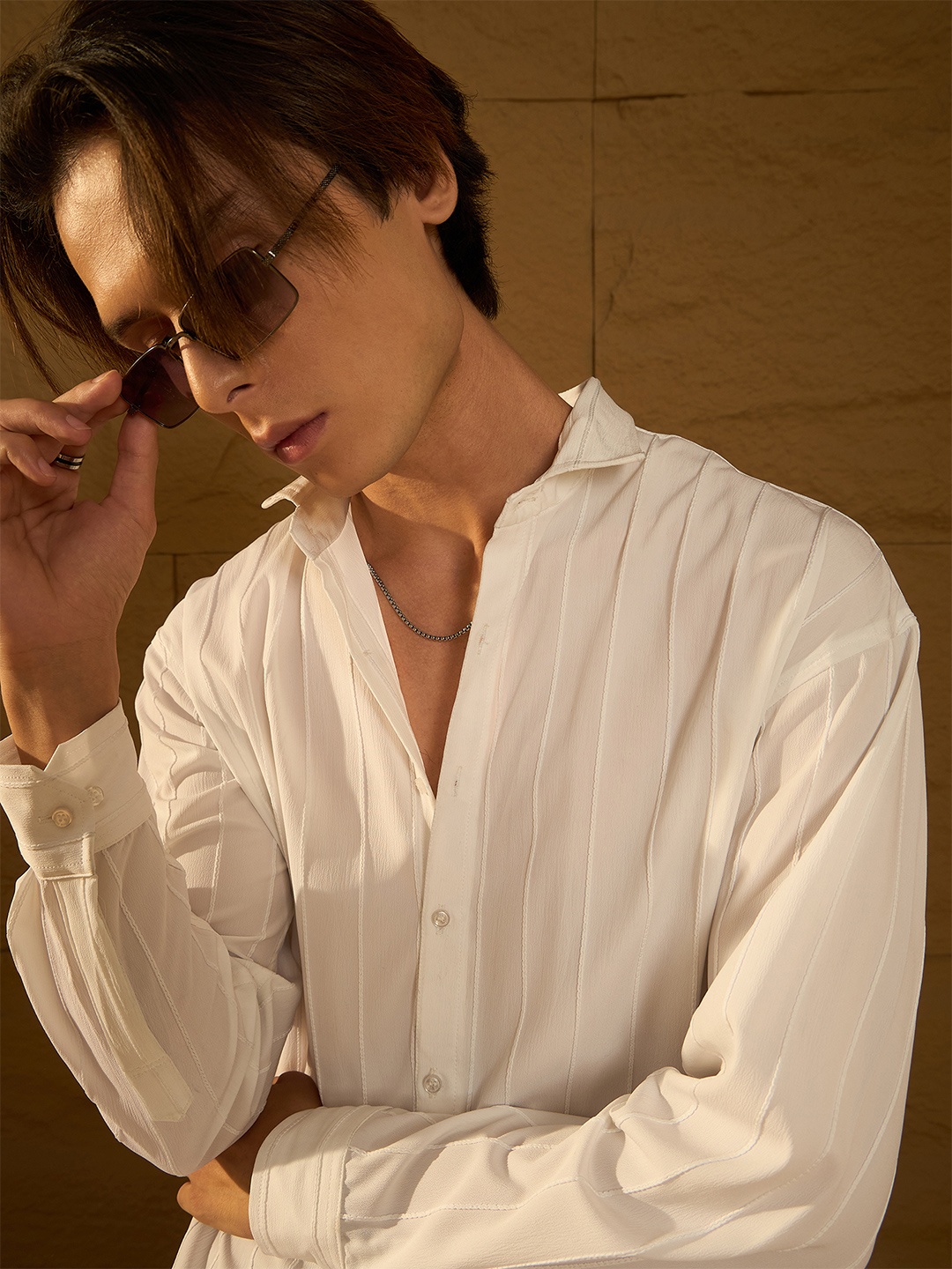 DENNISON Men Drop Shoulder Oversized Vertical Striped Casual Shirt, White