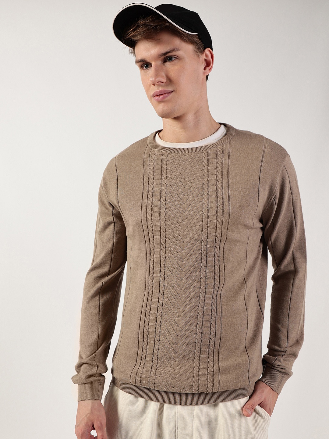 

Thomas Scott Men Cable Knit Round Neck Cotton Pullover Ribbed Sweater, Coffee brown