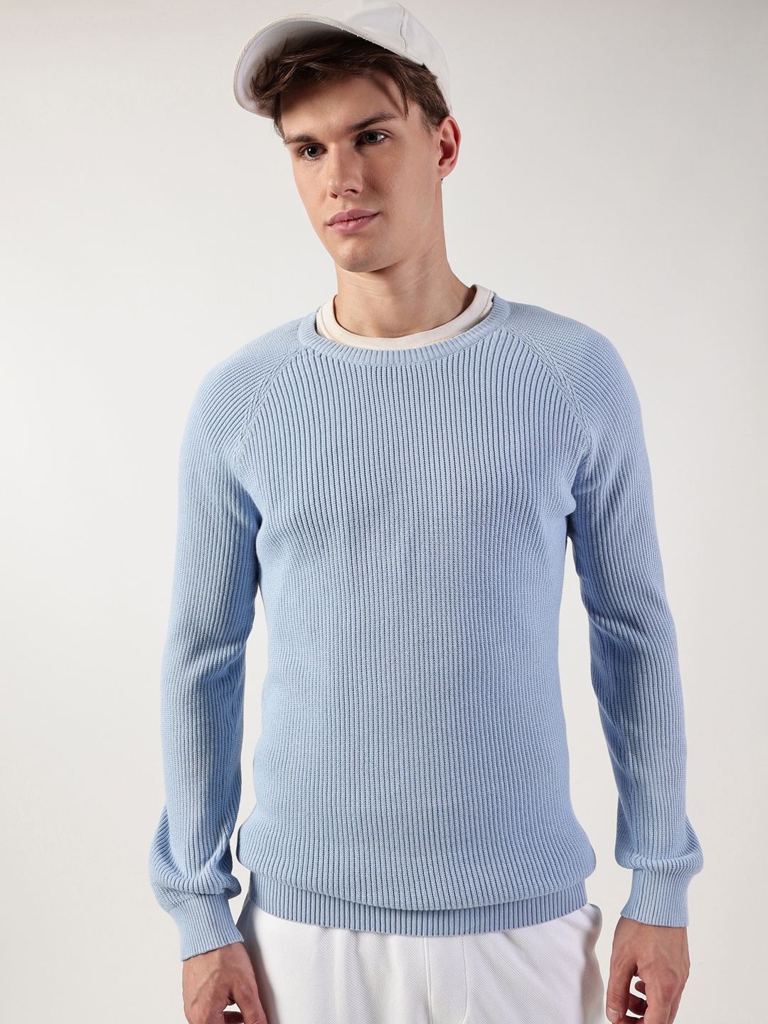 

Thomas Scott Men Ribbed Self Design Round Neck Cotton Pullover Ribbed Sweater, Blue