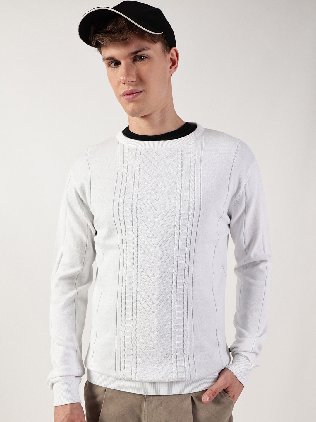 

Thomas Scott Men Cable Knit Round Neck Cotton Pullover Ribbed Sweater, White
