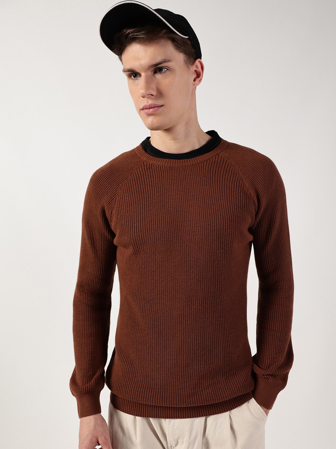 

Thomas Scott Men Ribbed Self Design Round Neck Cotton Pullover Ribbed Sweater, Brown