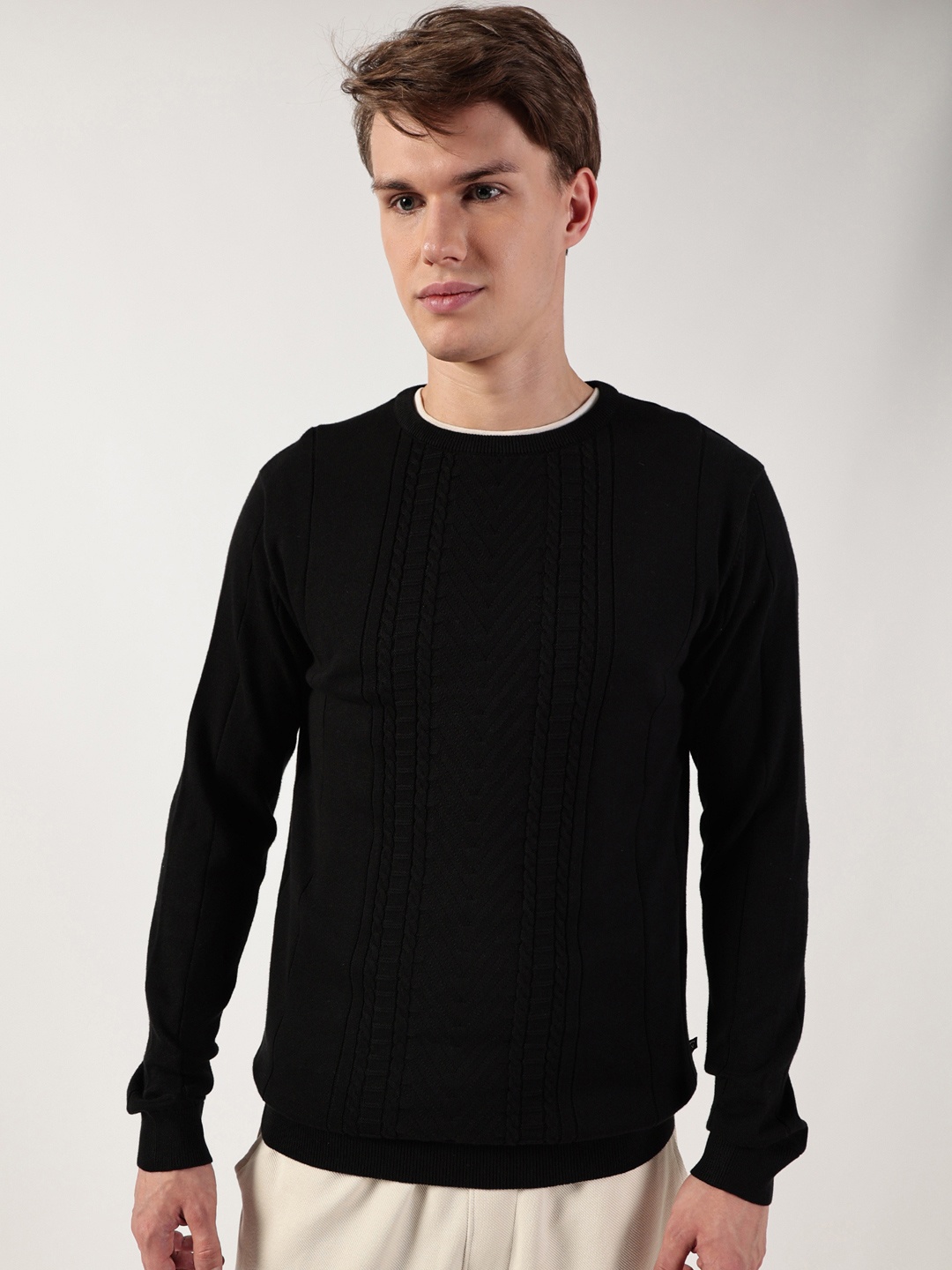 

Thomas Scott Men Cable Knit Round Neck Cotton Pullover Ribbed Sweater, Black