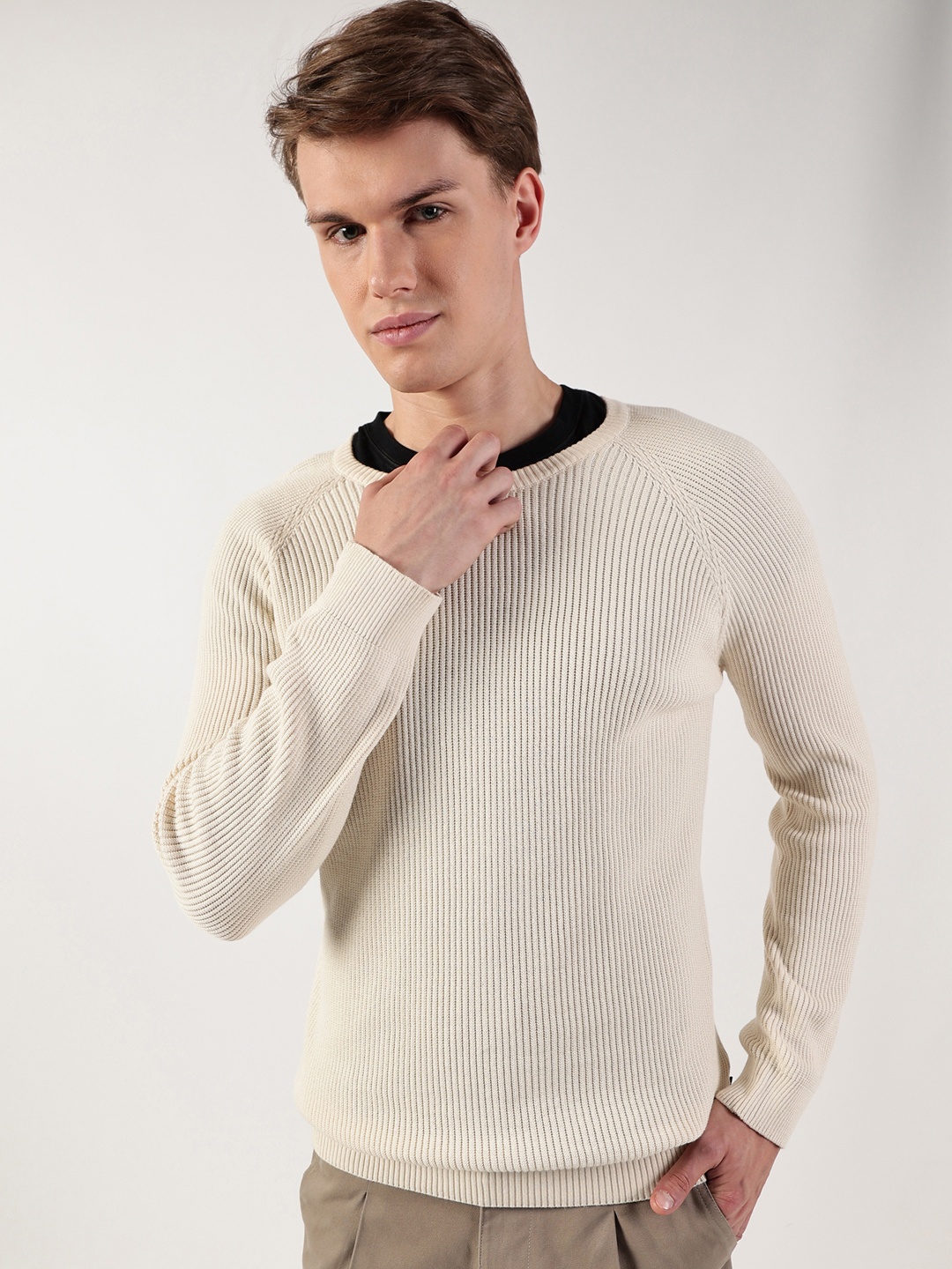 

Thomas Scott Men Ribbed Self Design Round Neck Cotton Pullover Ribbed Sweater, Off white