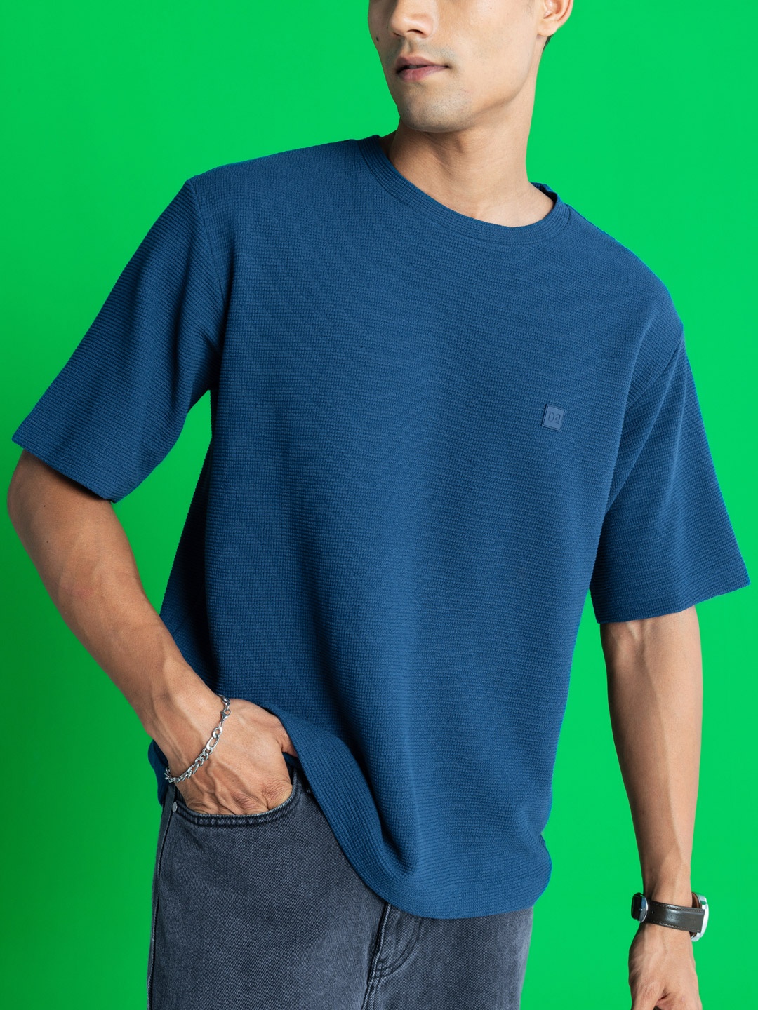 

DAMENSCH Statement Waffle Texture Premium Cotton Blend Oversized T Shirt, Blue