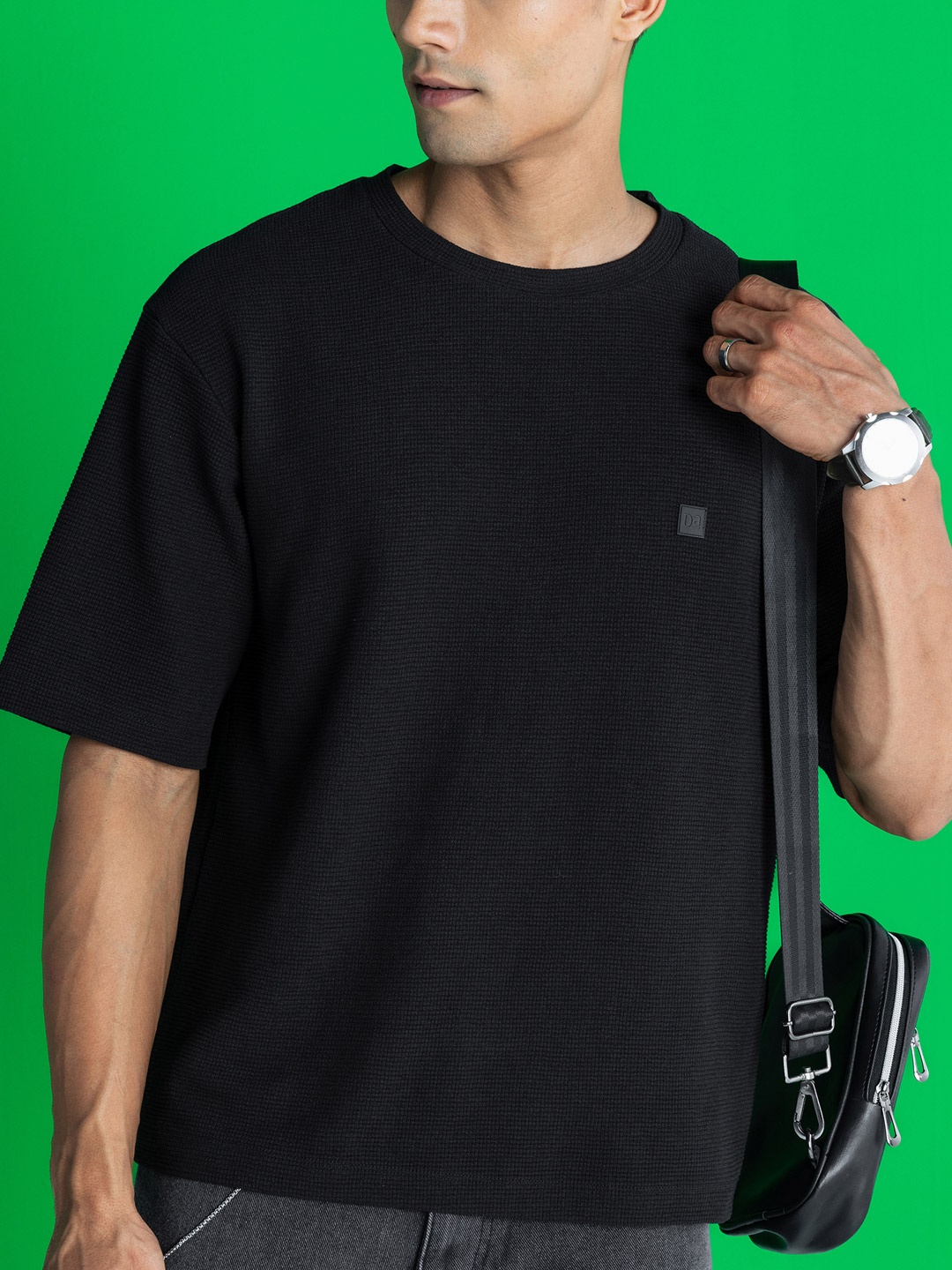 

DAMENSCH Statement Waffle Texture Premium Cotton Blend Oversized T Shirt, Black