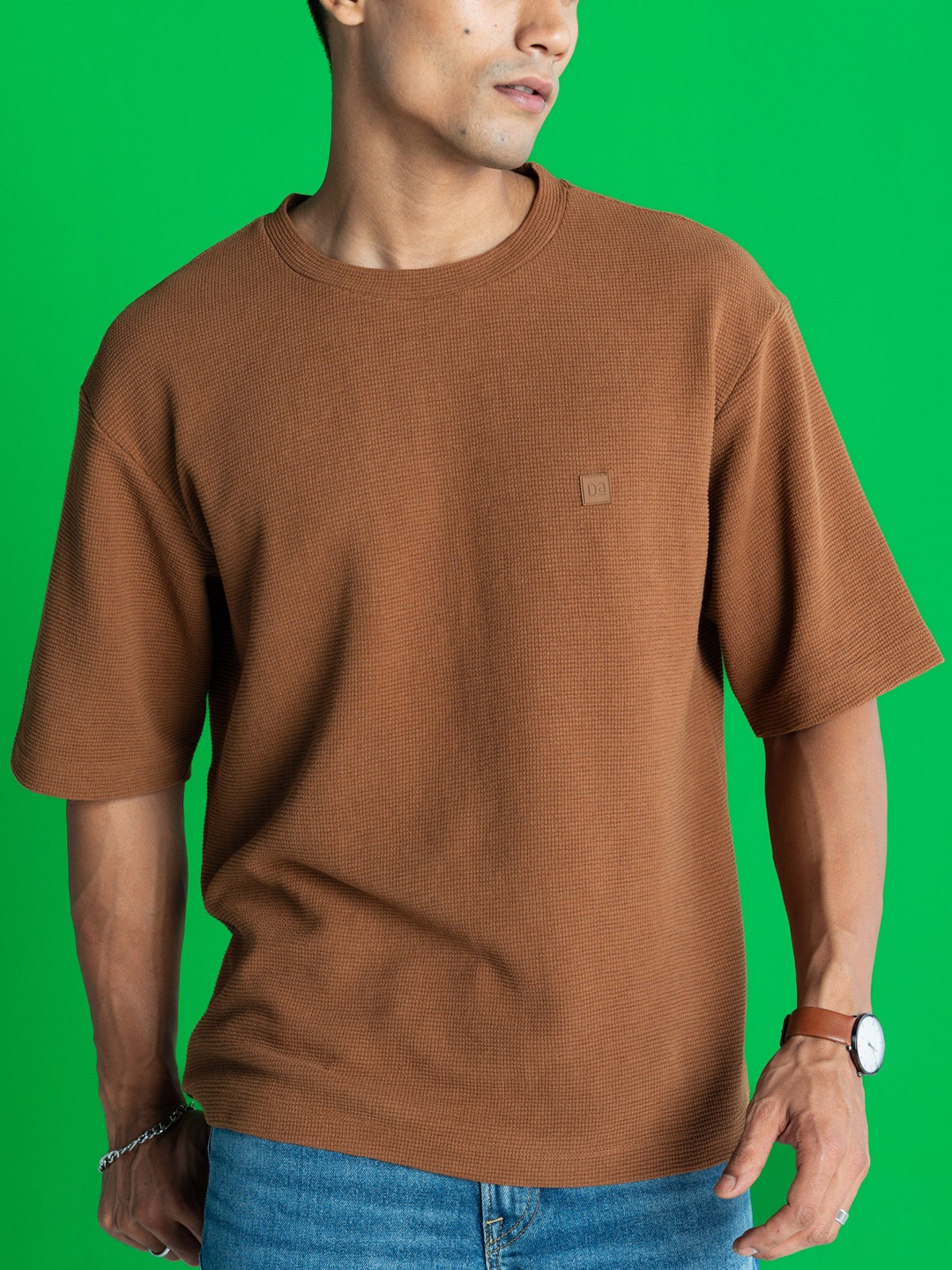 

DAMENSCH Statement Waffle Texture Premium Cotton Blend Oversized T Shirt, Brown