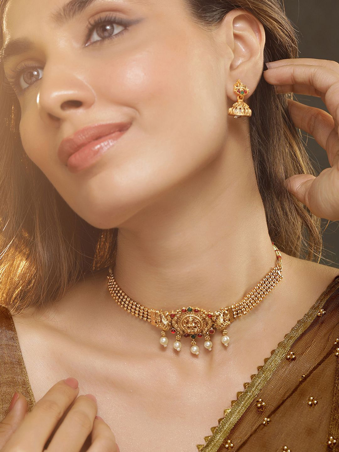 

Rubans 22K Gold Plated Stone-Studded & Pearl Beaded Jewellery Set