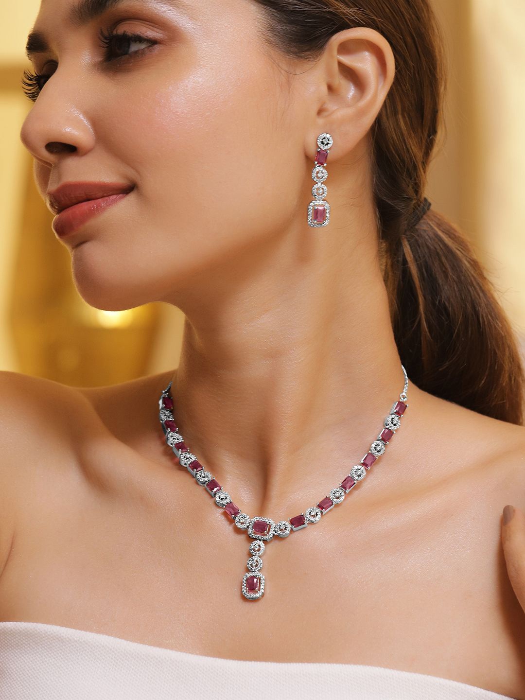 

Rubans Rhodium Plated Ruby & Cubic Zicronia Studded Premium Drop Jewellery Set, Silver