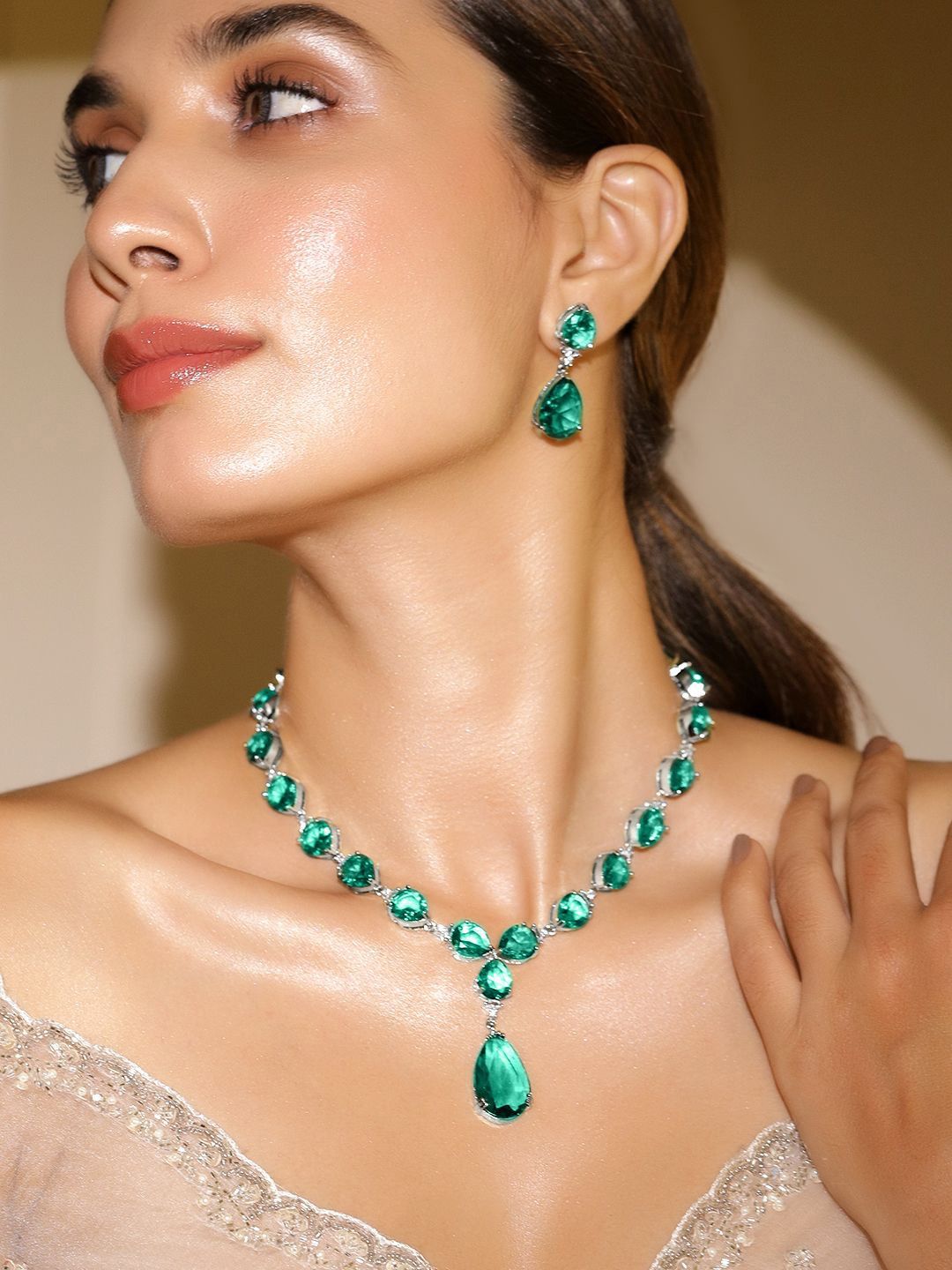 

Rubans Rhodium Plated Crystal Emerald Studded Luxurious Premium Jewellery Set, Silver