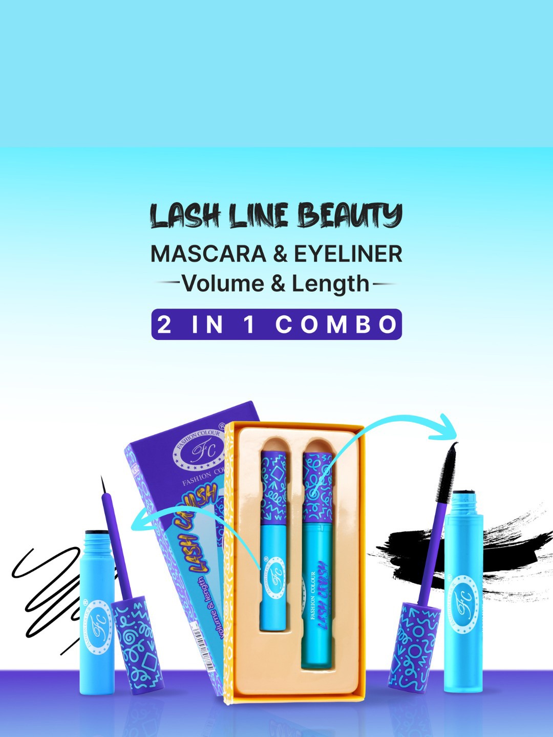 

Fashion Colour Eyeliner & Mascara Combo for Volume & Length, Black