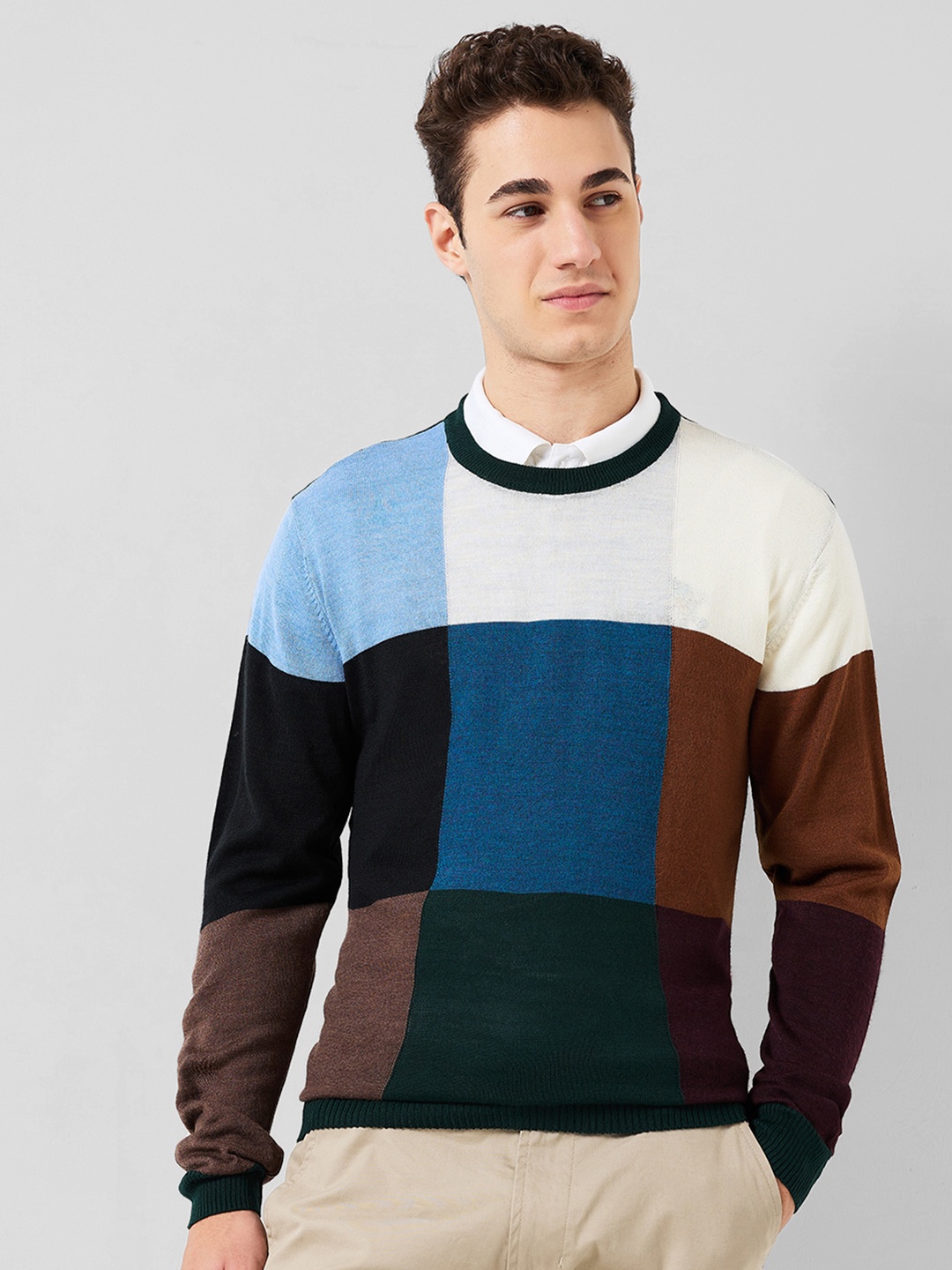 

Park Avenue Colourblocked Round Neck Pullover, Brown
