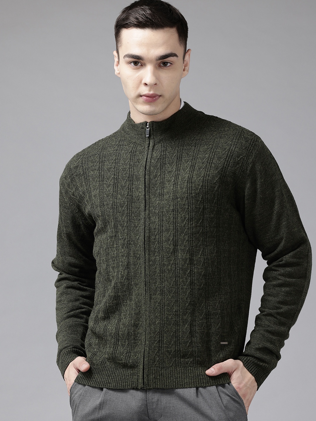

Park Avenue Self Design Front-Open Sweater, Olive