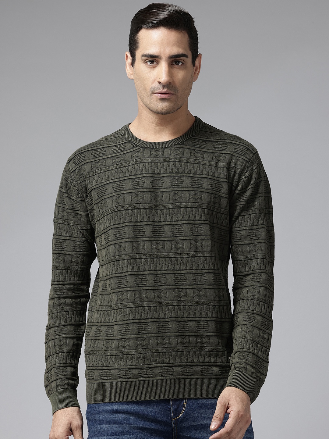 

Park Avenue Men Self Design Pure Cotton Pullover, Olive