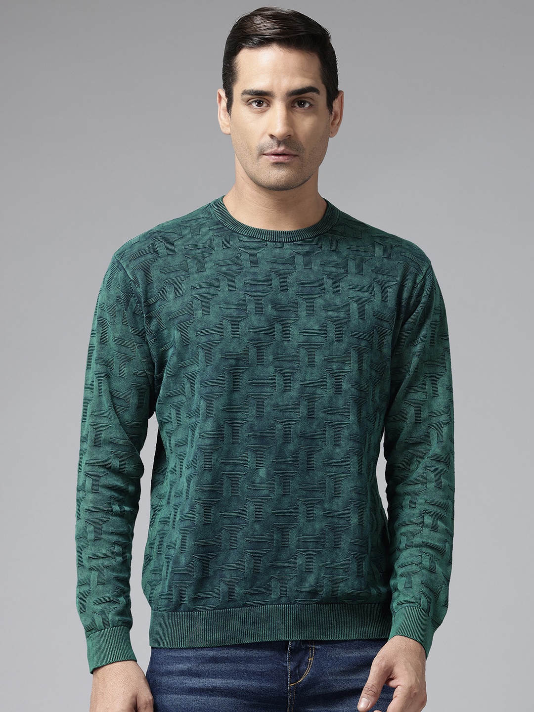 

Park Avenue Men Self Design Pure Cotton Pullover, Green