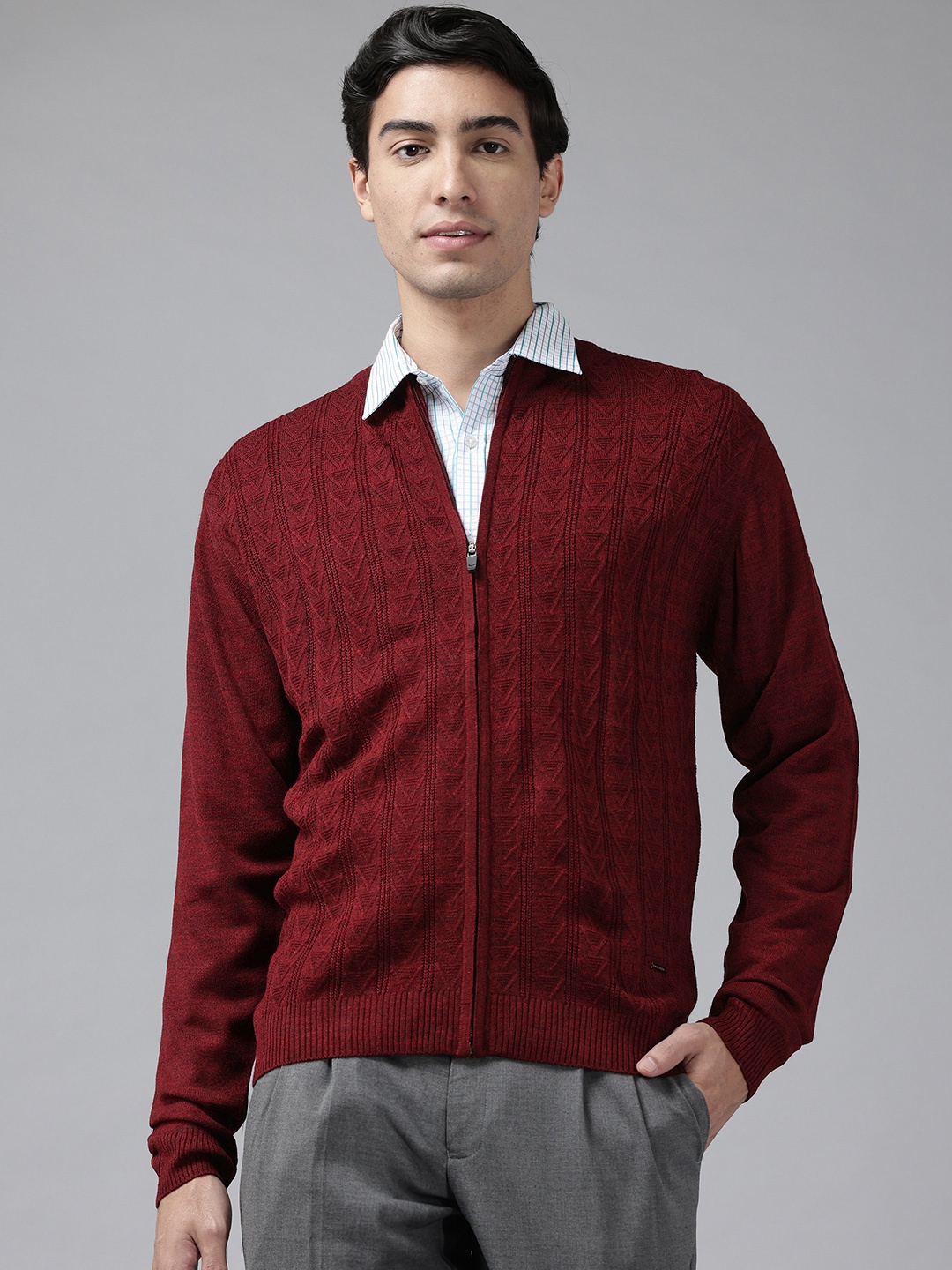 

Park Avenue Self Design Geometric Full Zipper Front-Open Sweater, Maroon