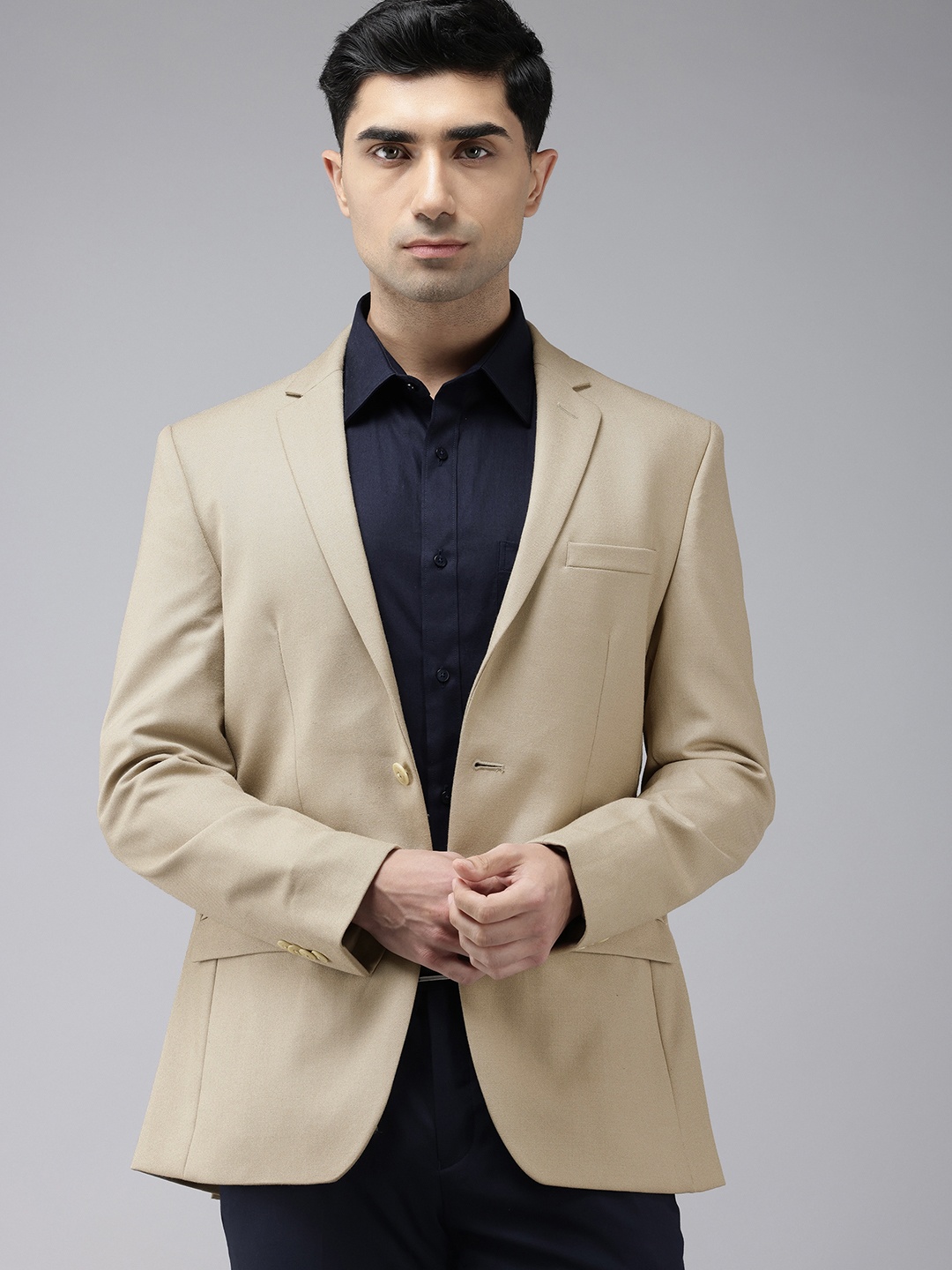 

Park Avenue Self Design Textured Single-Breasted Super Slim Fit Formal Blazer, Khaki