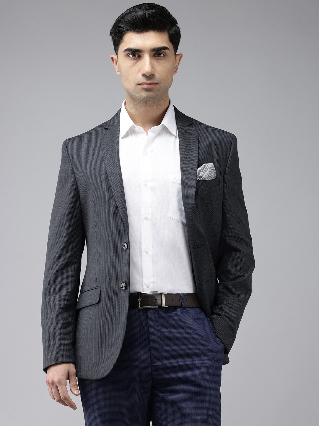 

Park Avenue Slim Fit Self Design Notched Lapel Single-Breasted Formal Blazer, Grey