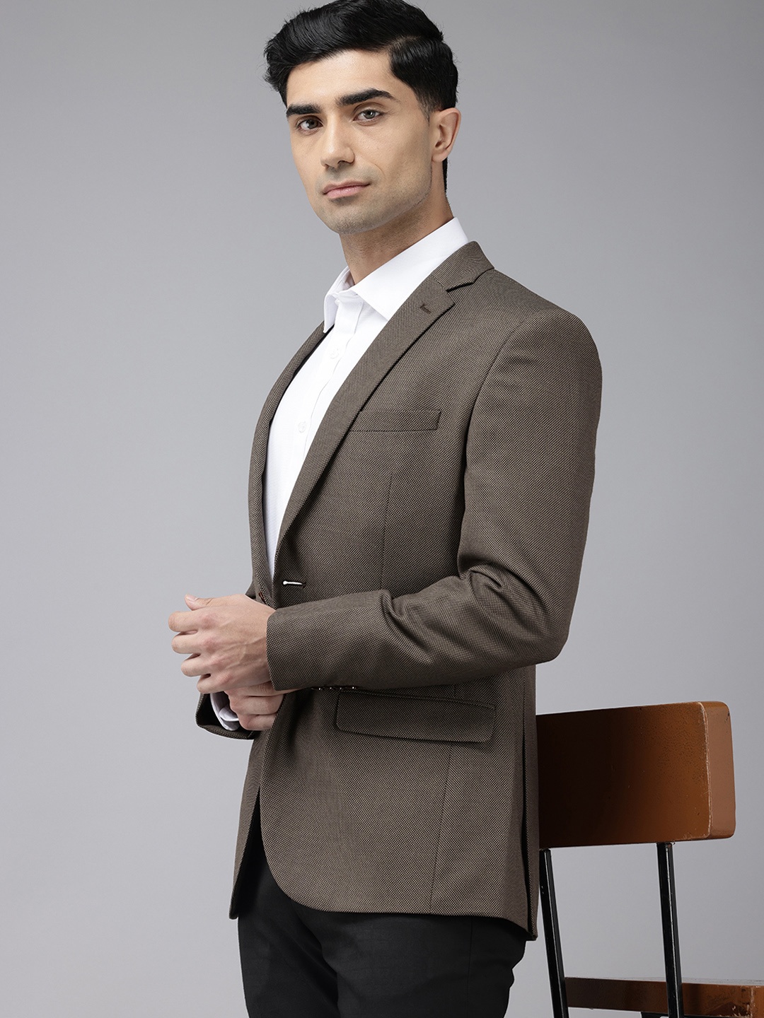 

Park Avenue Self Designed Single-Breasted Slim Fit Formal Blazer, Brown