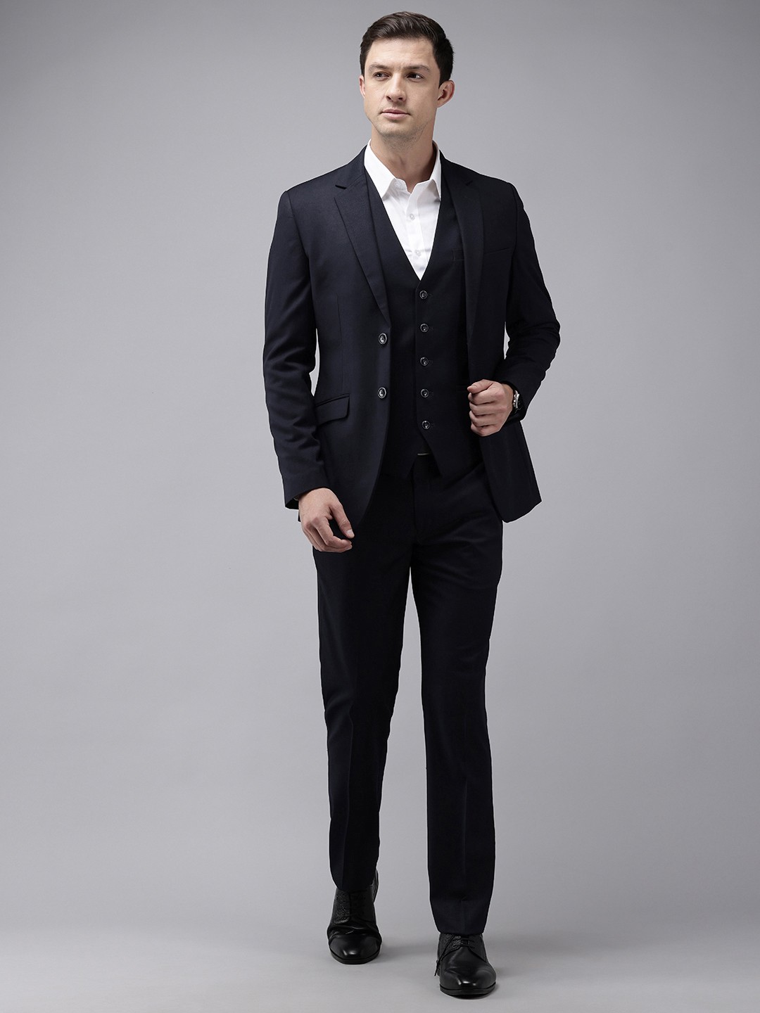

Park Avenue Self-Design Super Slim Fit Single-Breasted 3 Piece Party Suit, Navy blue