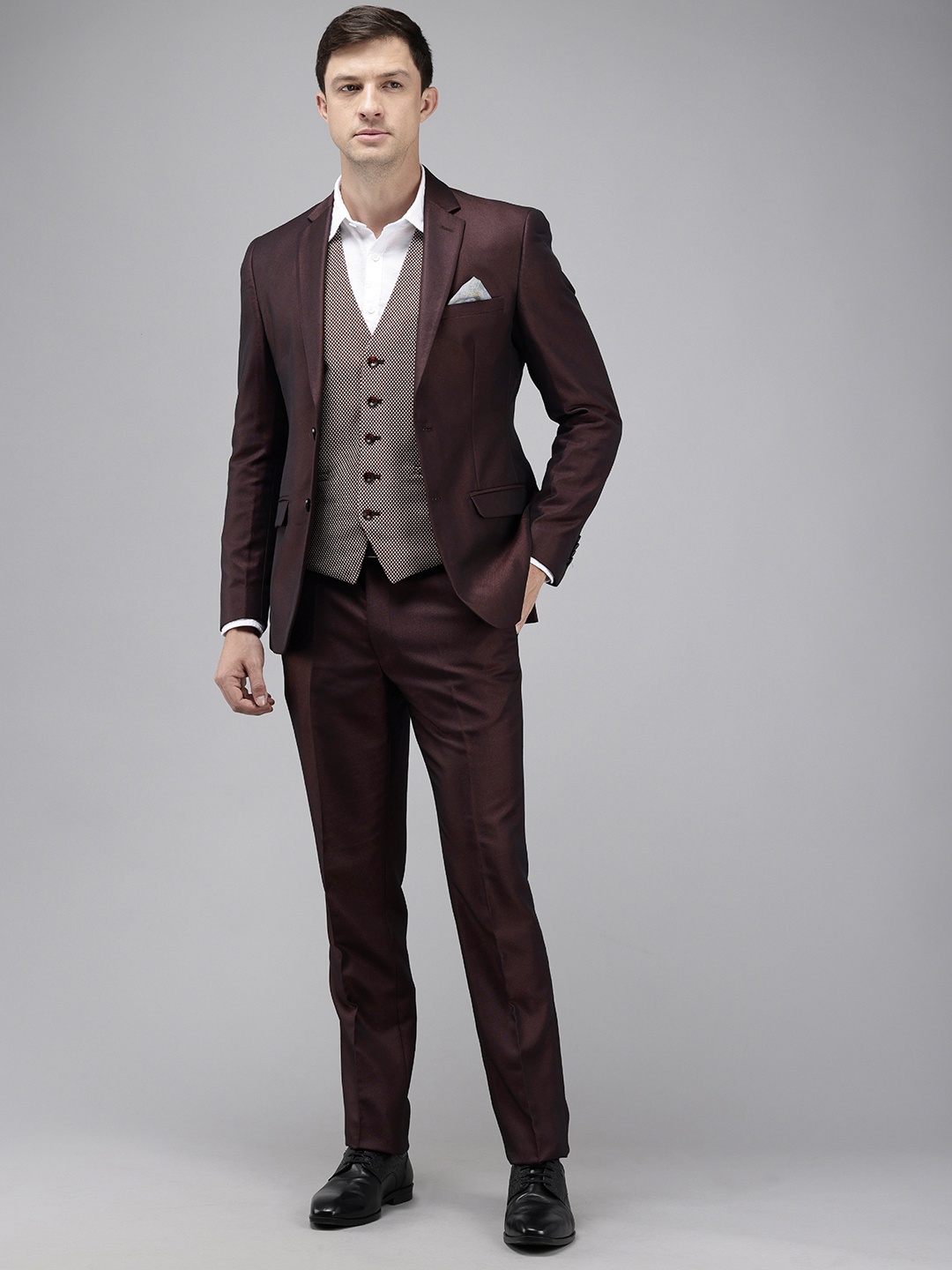 

Park Avenue Self Design Single Breasted Super Slim Fit 3 Piece Party Suits, Maroon