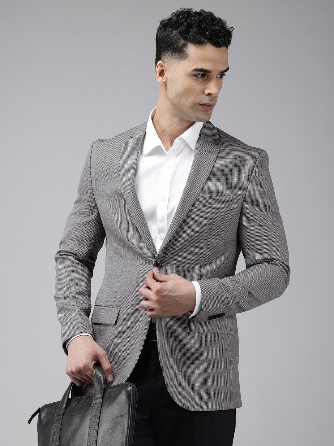 

Park Avenue Slim Fit Self Design Notched Lapel Single-Breasted Formal Blazer, Black
