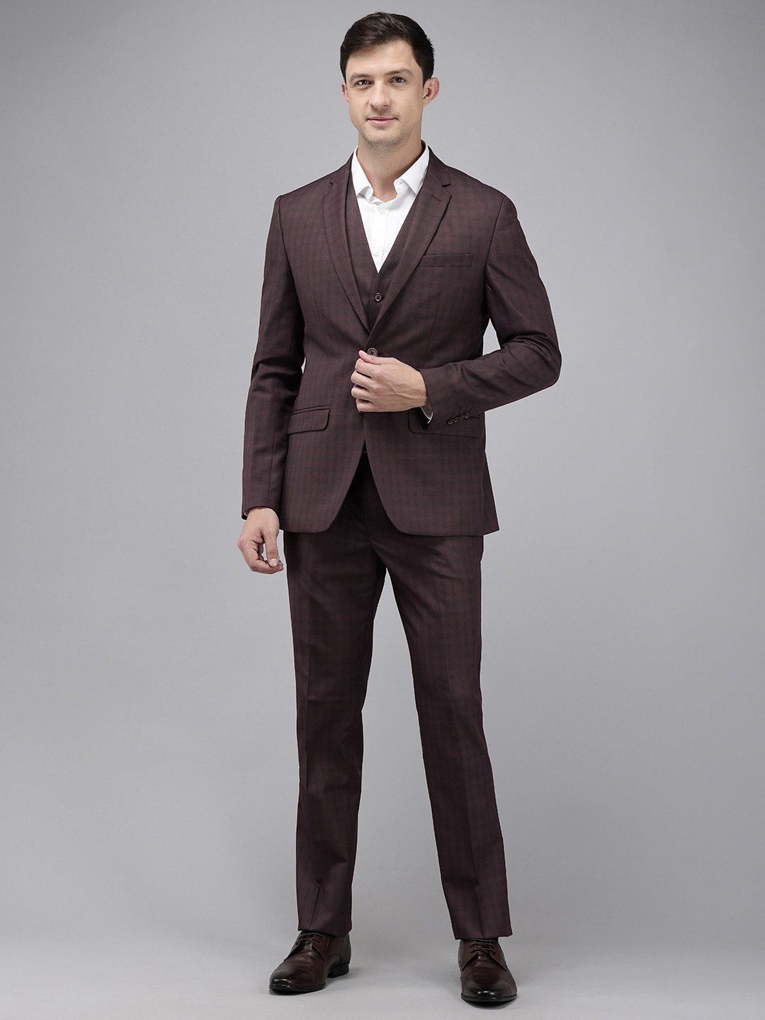 

Park Avenue Super Slim Fit Checked 3 Piece Formal Suit, Maroon