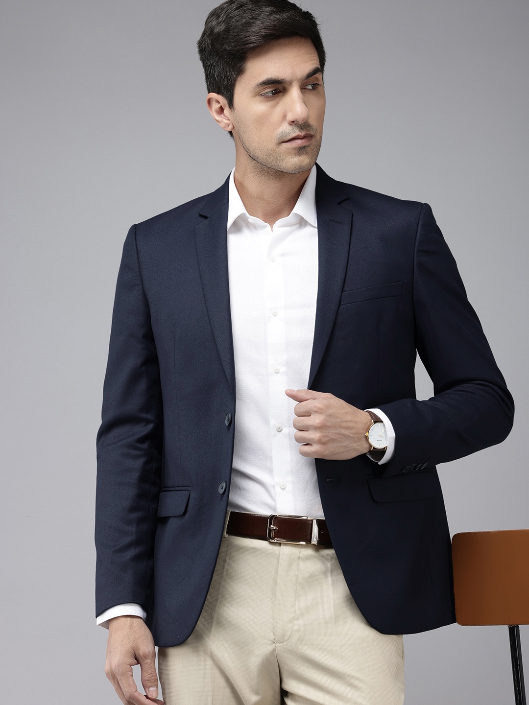 

Park Avenue Self Design Textured Super Slim Fit Single Breasted Formal Blazer, Navy blue