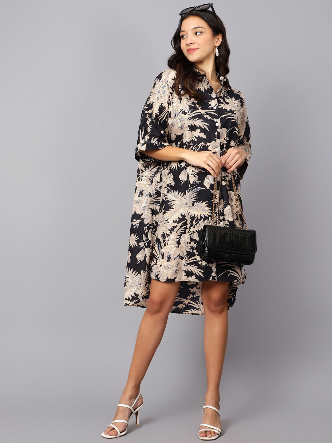 

Safeera Floral Printed Cotton Shirt Dress, Black