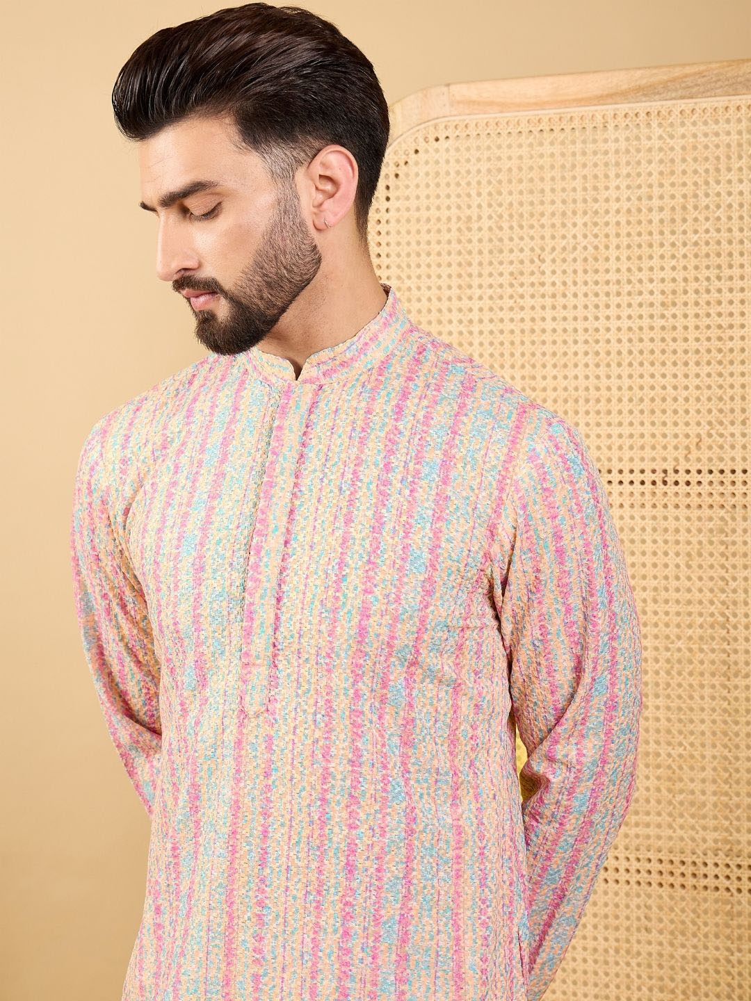 

Ethnic Bay Men Striped Mandarin Collar Long Sleeves Chikankari Kurta, Peach