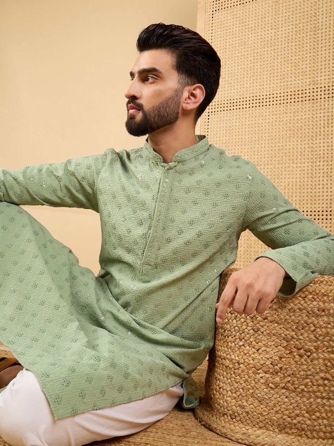 

Ethnic Bay Geometric Embroidered Chikankari Work Mandarin Collar Straight Kurta, Green