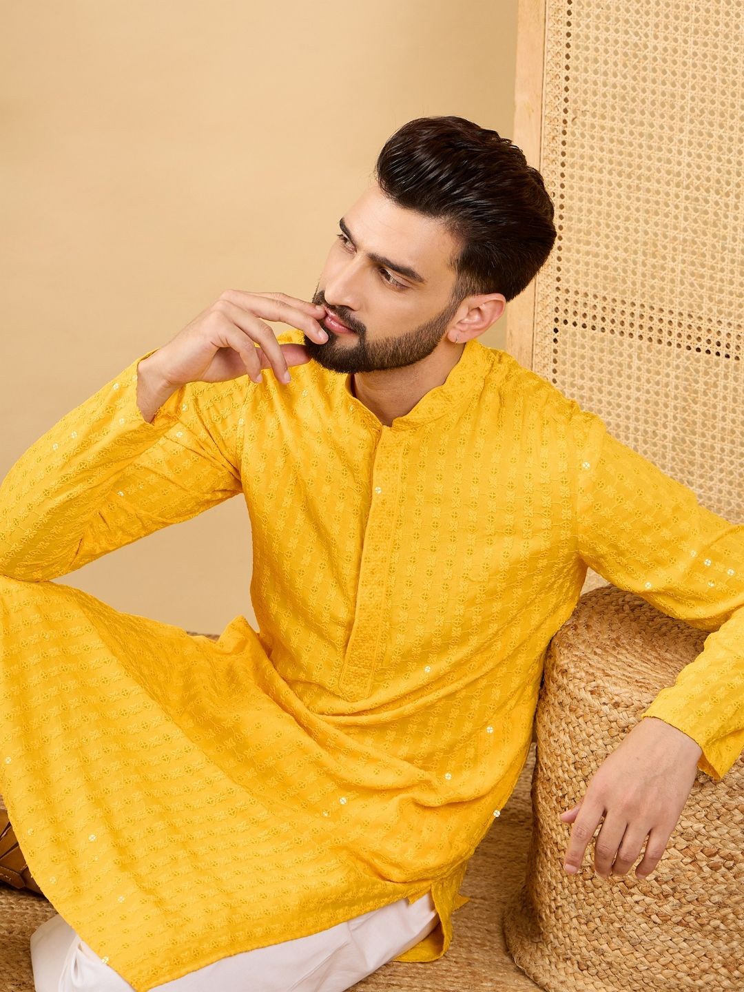 Ethnic Bay Floral Embroidered Chikankari Work Mandarin Collar Straight Kurta, Yellow