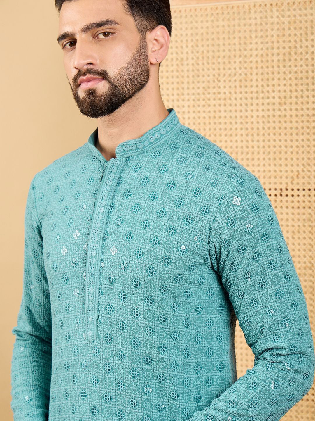 

Ethnic Bay Geometric Embroidered Chikankari Work Mandarin Collar Straight Kurta, Turquoise blue