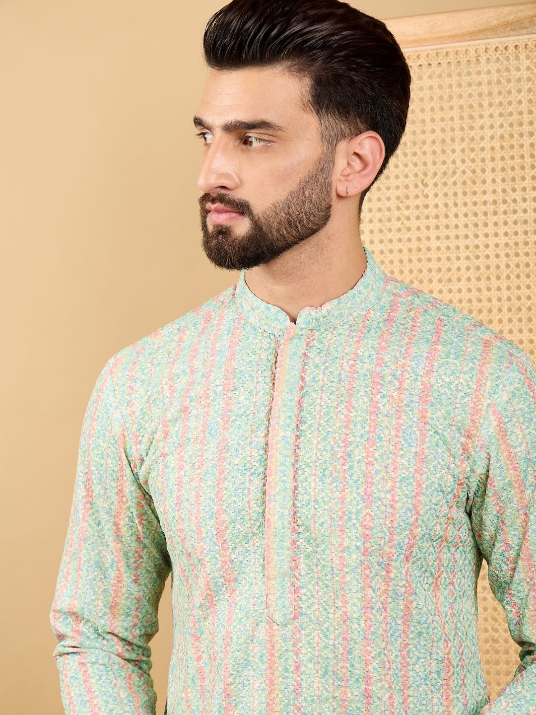 

Ethnic Bay Striped Embroidered Chikankari Work Mandarin Collar Straight Kurta, Green