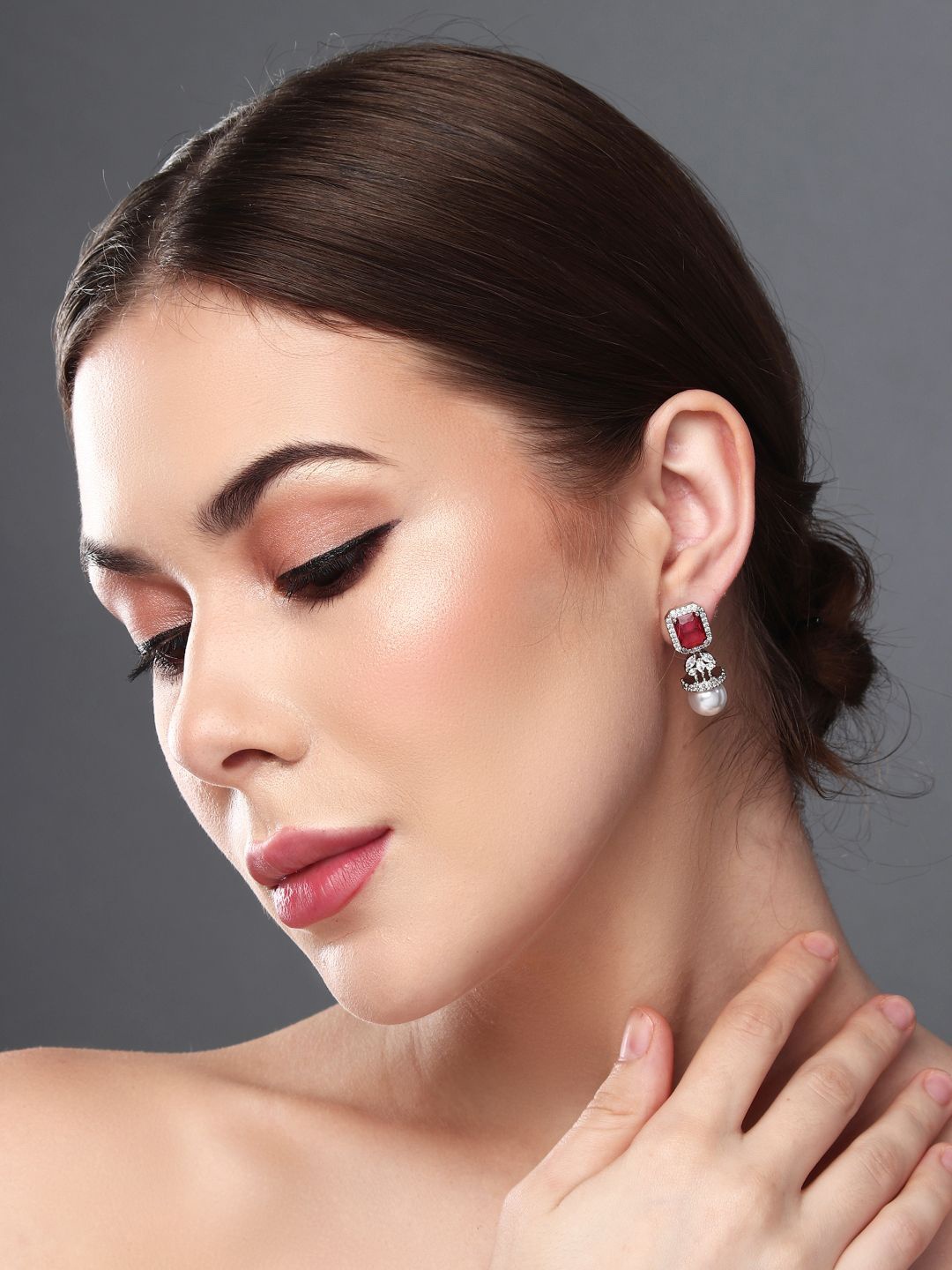 

Anvik Rhodium-Plated Contemporary Cubic Zirconia Studded Earrings, Red