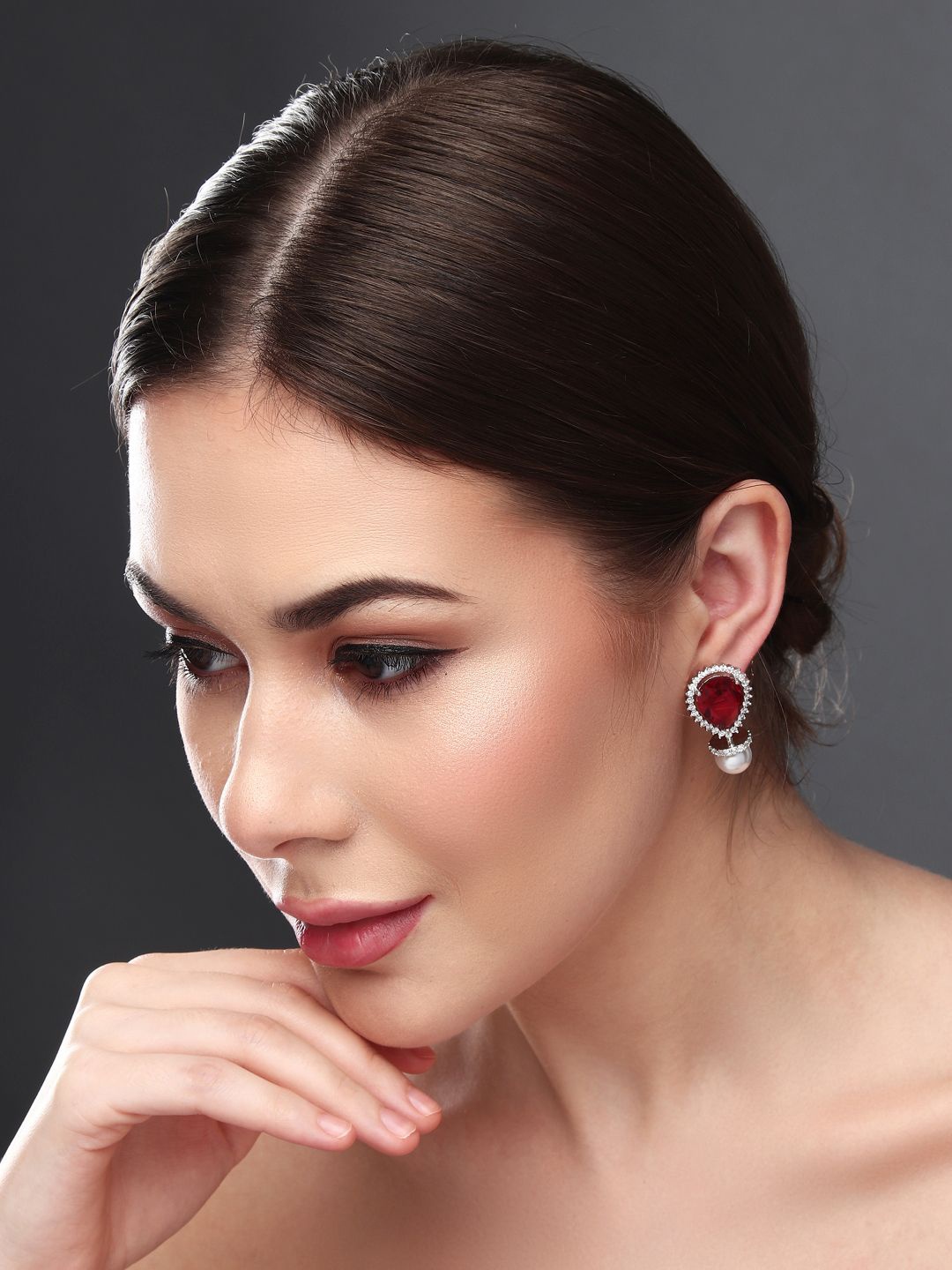 

Anvik Rhodium-Plated Contemporary Cubic Zirconia Studded Earrings, Red
