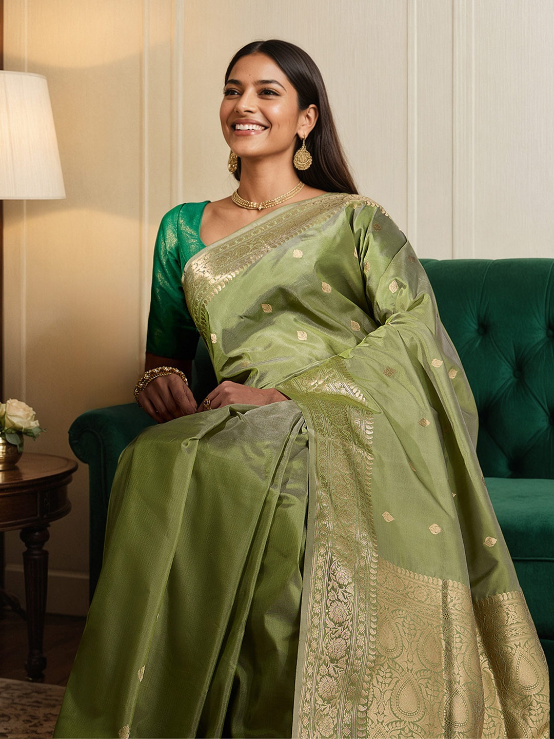 

Taneira Woven Design Zari Pure Silk Banarasi Saree, Green