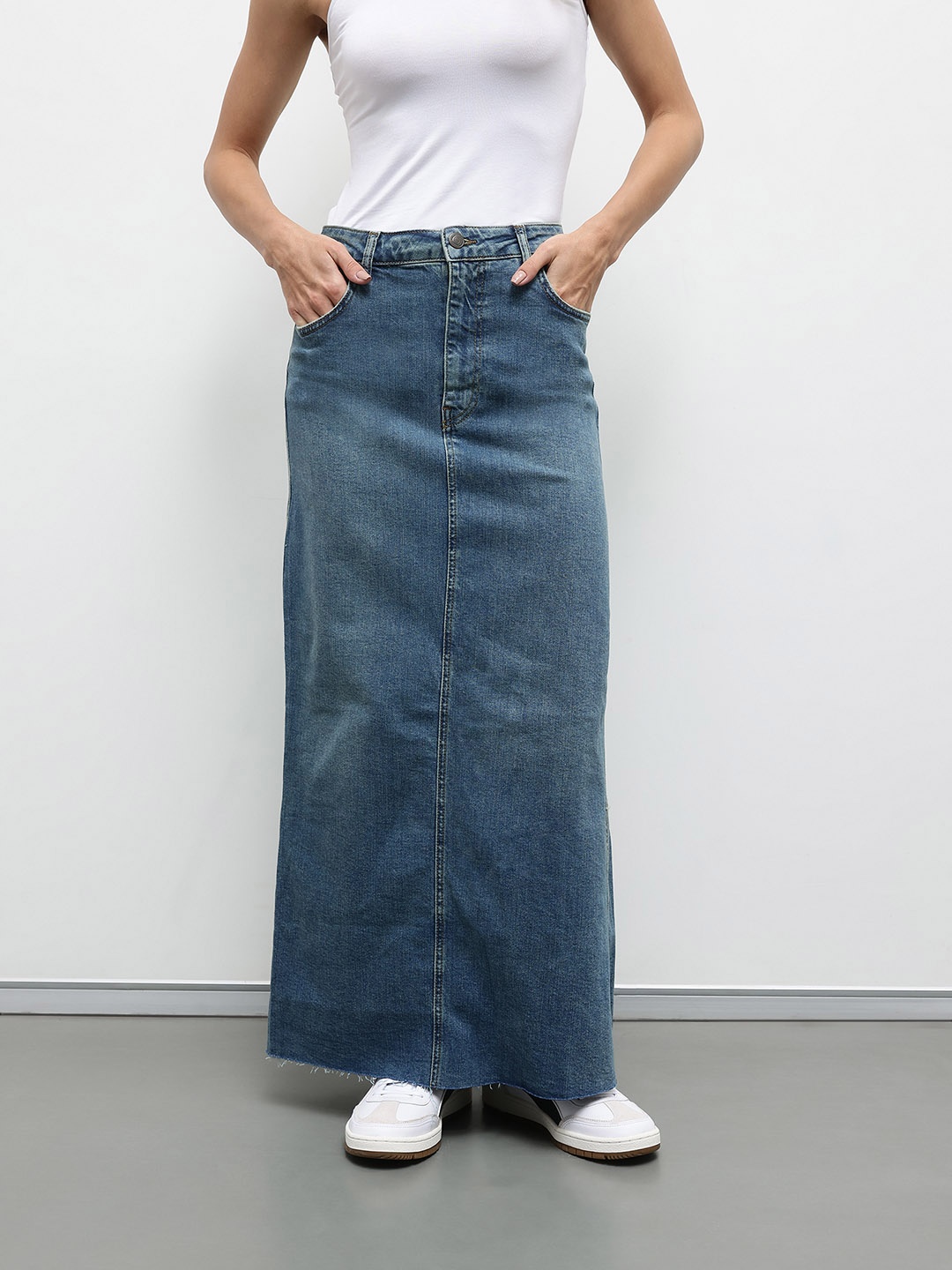

ZARA Women Denim Back-Slit Pure Cotton Maxi Skirt, Blue