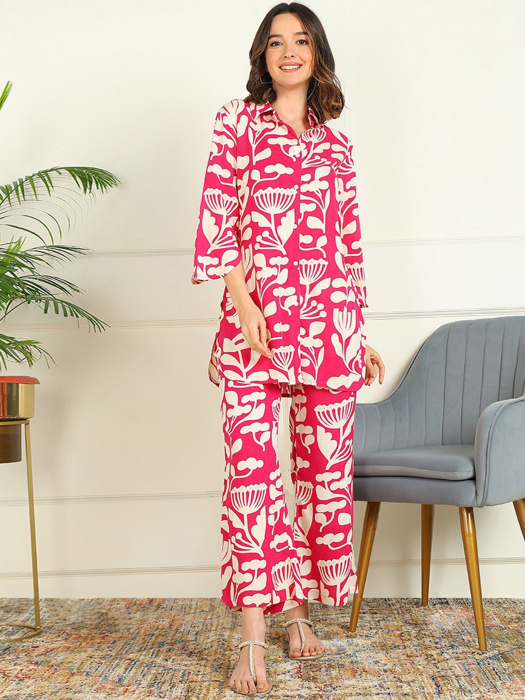 

mokshi Floral Printed Tunic With Palazzos, Pink